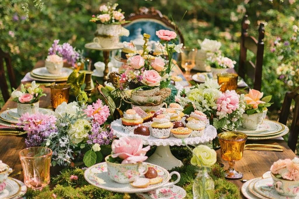 Garden high tea table with flowers, cakes and vintage china